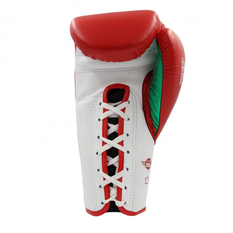 Red and white boxing glove, adidas Adi-Speed 500, for boxing and kickboxing.