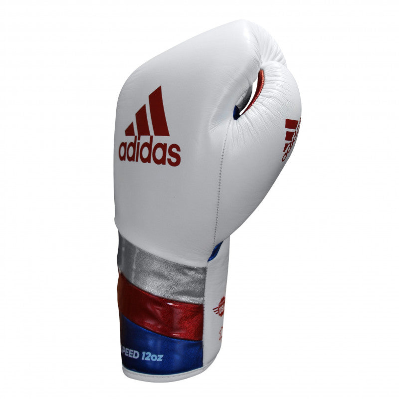 White boxing glove with red and blue stripes, 12 oz weight.