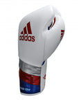 White boxing glove with red and blue stripes, 12 oz weight.