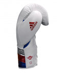 White boxing glove with red, blue and silver stripes, 16 oz weight.