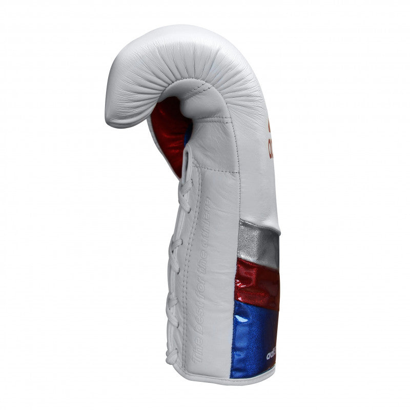 White boxing glove with red, blue and silver stripes, 14 oz weight.