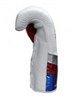 White boxing glove with red, blue and silver stripes, 14 oz weight.