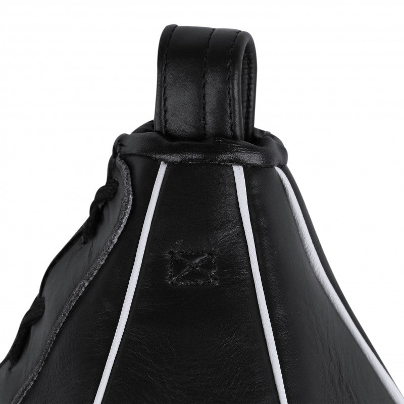 Close-up of black leather Adidas speed bag.