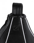 Close-up of black leather Adidas speed bag.