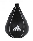 Black punching bag with white stitching by Adidas.