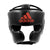 Black Adidas boxing helmet with red logo for protection.