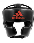 Black Adidas boxing helmet with red logo for protection.