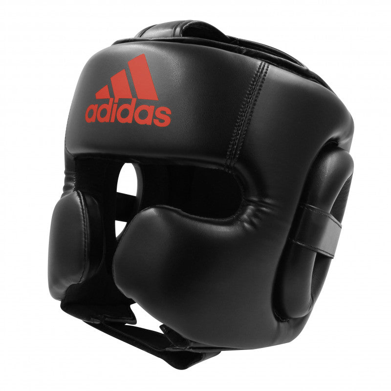 Black boxing helmet with adidas logo.