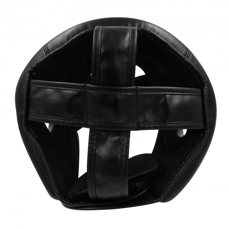 Black leather helmet with straps.