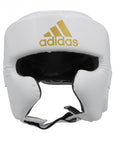 White boxing helmet with gold logo for protection.