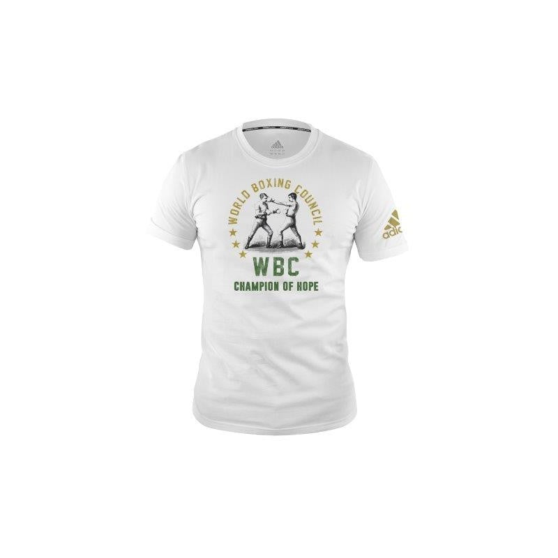 White shirt with green text, adidas WBC Heritage Boxing T-Shirt, size S.