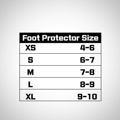 White size chart sign with black text for Adidas foot protector.