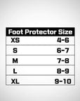 White size chart sign with black text for Adidas foot protector.