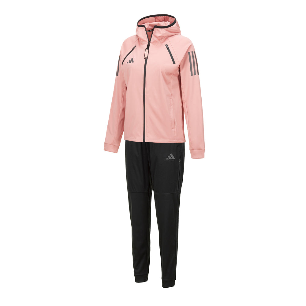 Pink jacket with black pants from adidas Women&#39;s Hydrosuit.