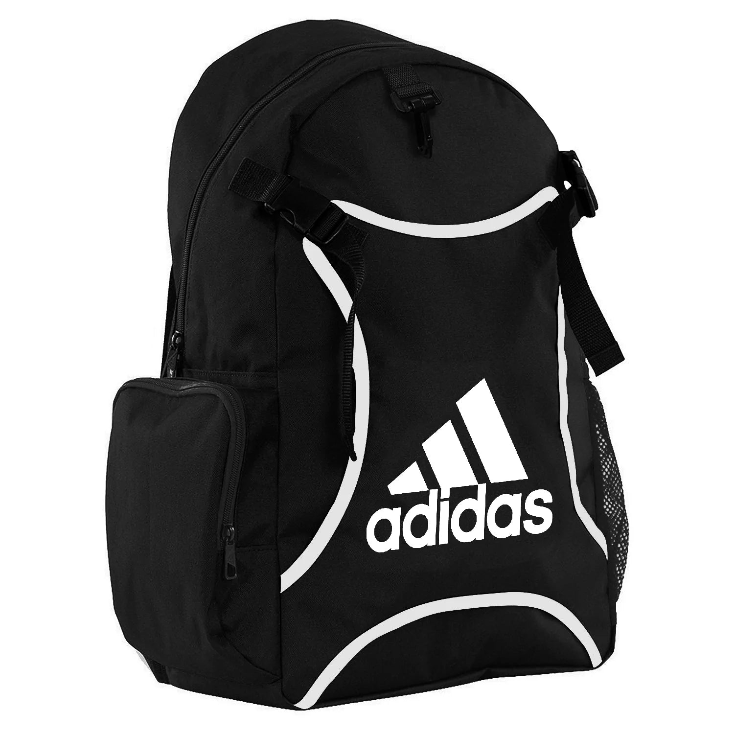 Black backpack with white adidas text.