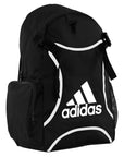 Black backpack with white adidas text.