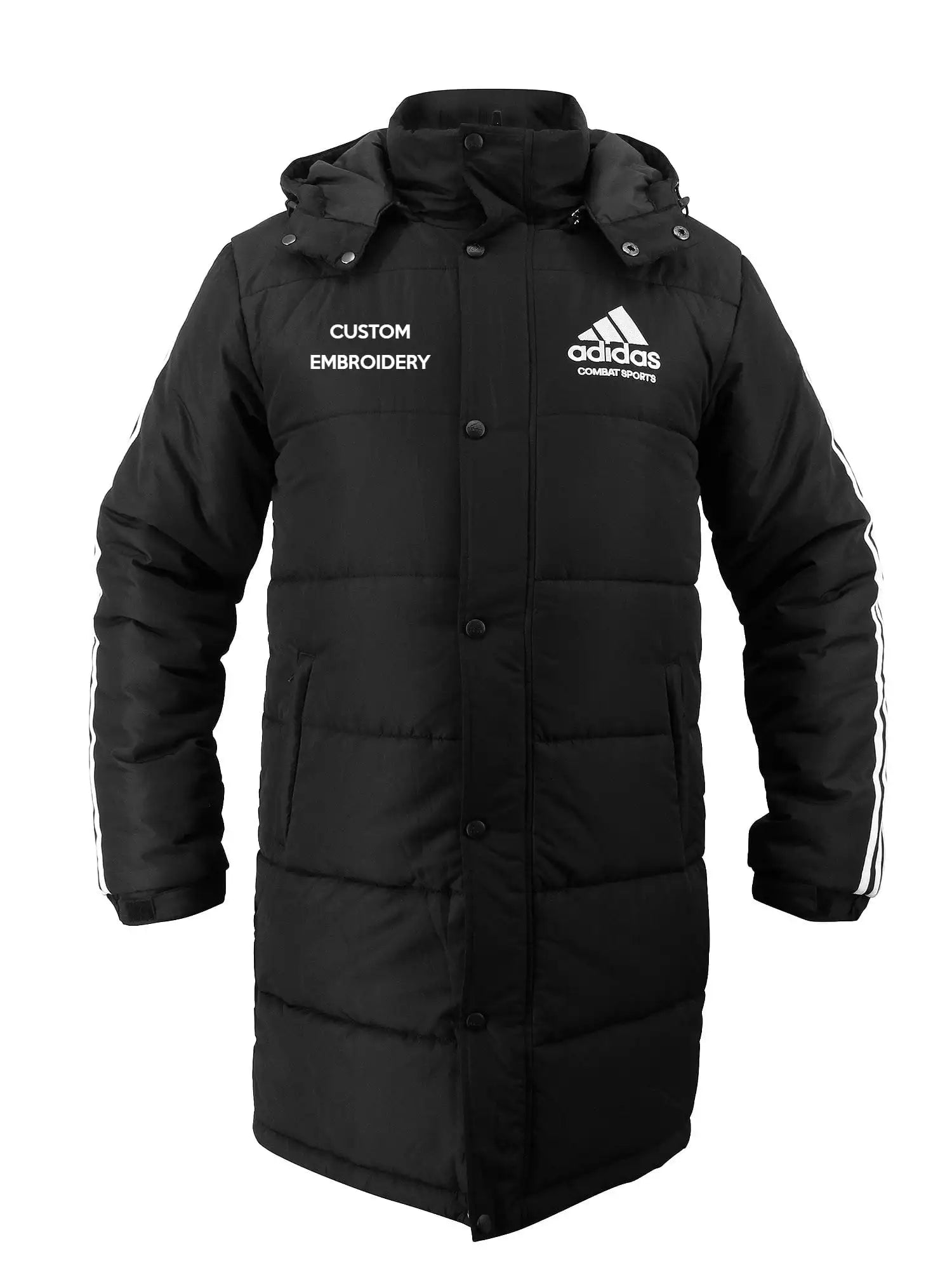 Black jacket with white text for adidas Combat Sports Winter Long Padded Parka Jacket.