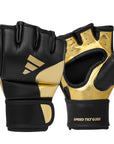 Pair of black and gold grappling gloves for training.