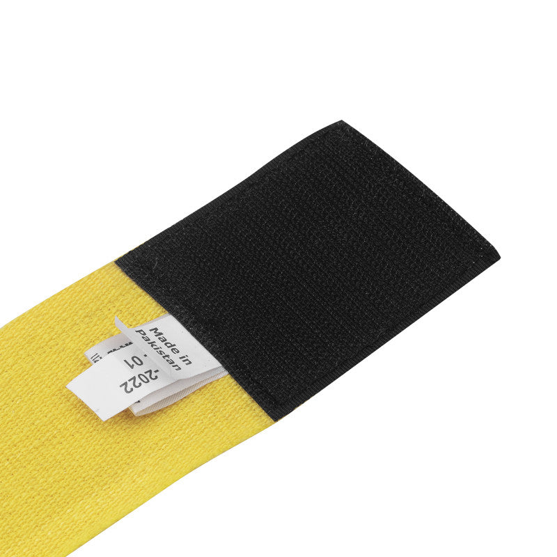 Yellow and black boxing hand wrap fabric with white labels.