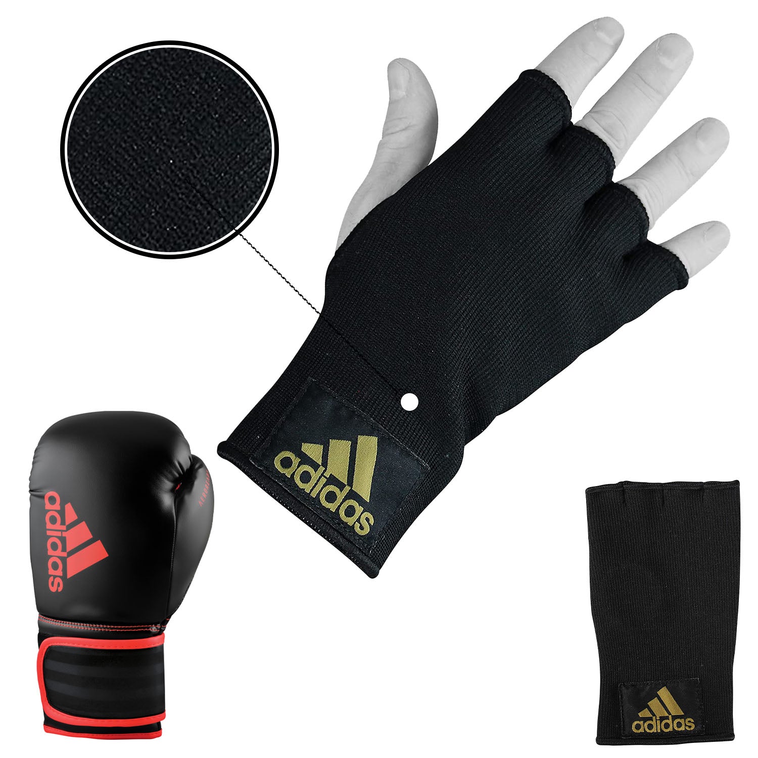 Black glove next to white and black boxing gloves on a bag.