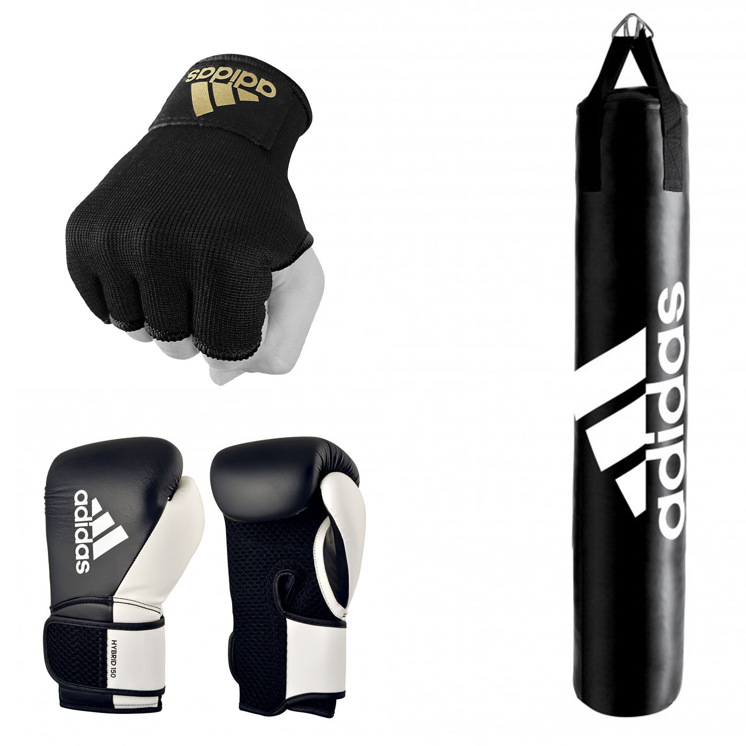 Black and white boxing gloves with a black punching bag.