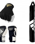 Black and white boxing gloves with a black punching bag.