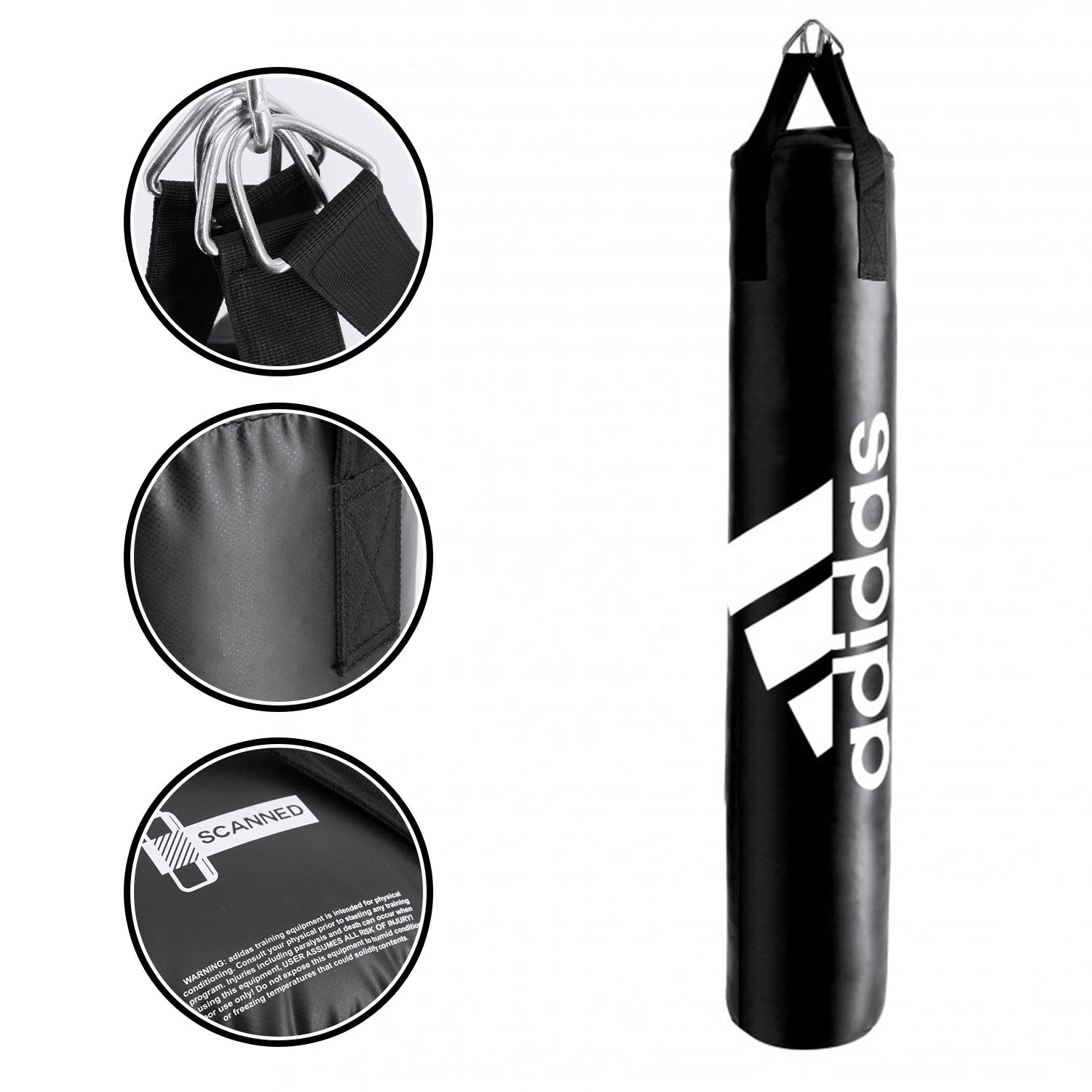 Black punching bag with white text for boxing bundle.