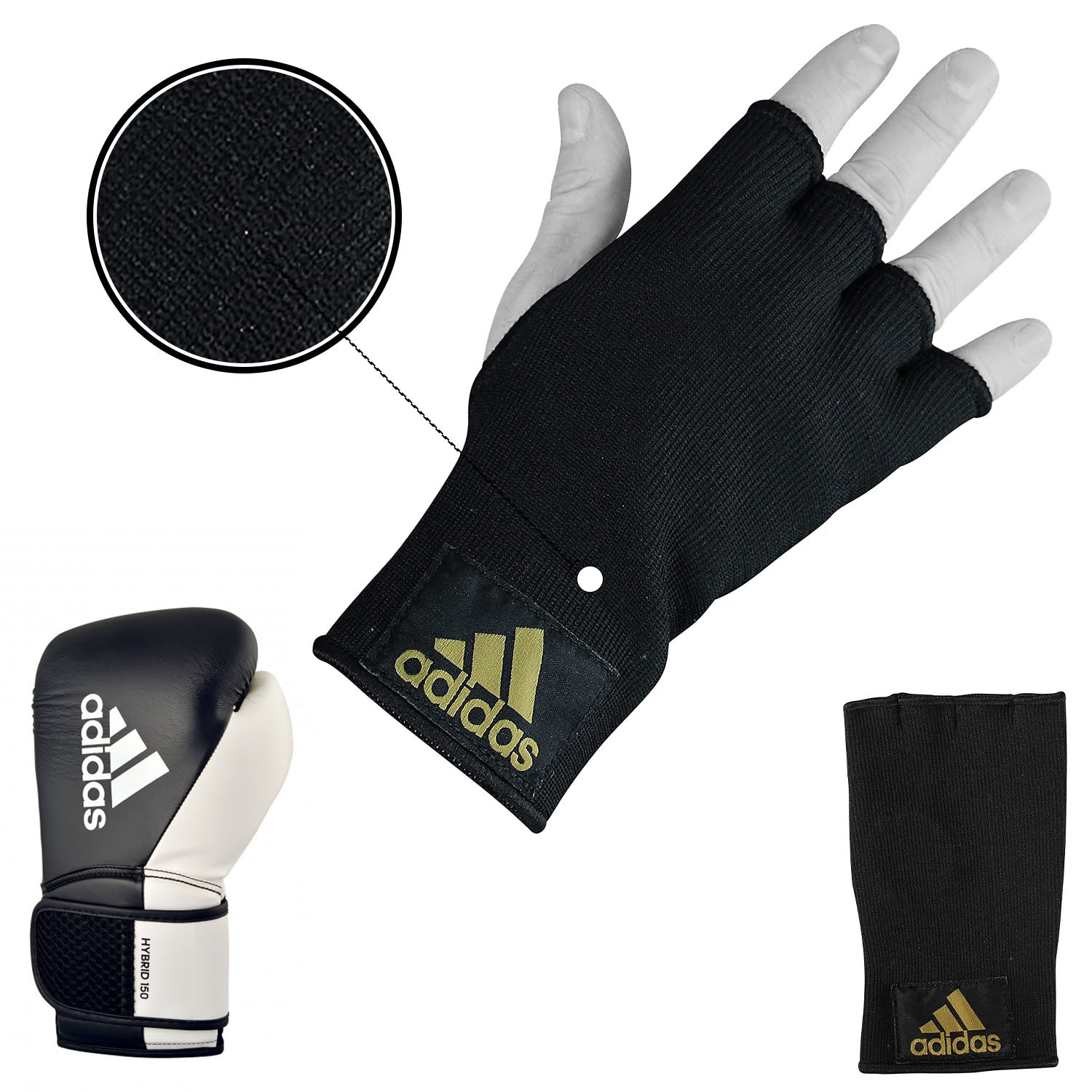 A black glove paired with a white boxing glove.