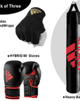 Black boxing gloves resting on a punching bag.