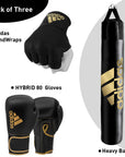 Black boxing gloves and a punching bag from the adidas bundle deal.