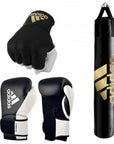 Boxing gloves and punching bag from Adidas home gym bundle.