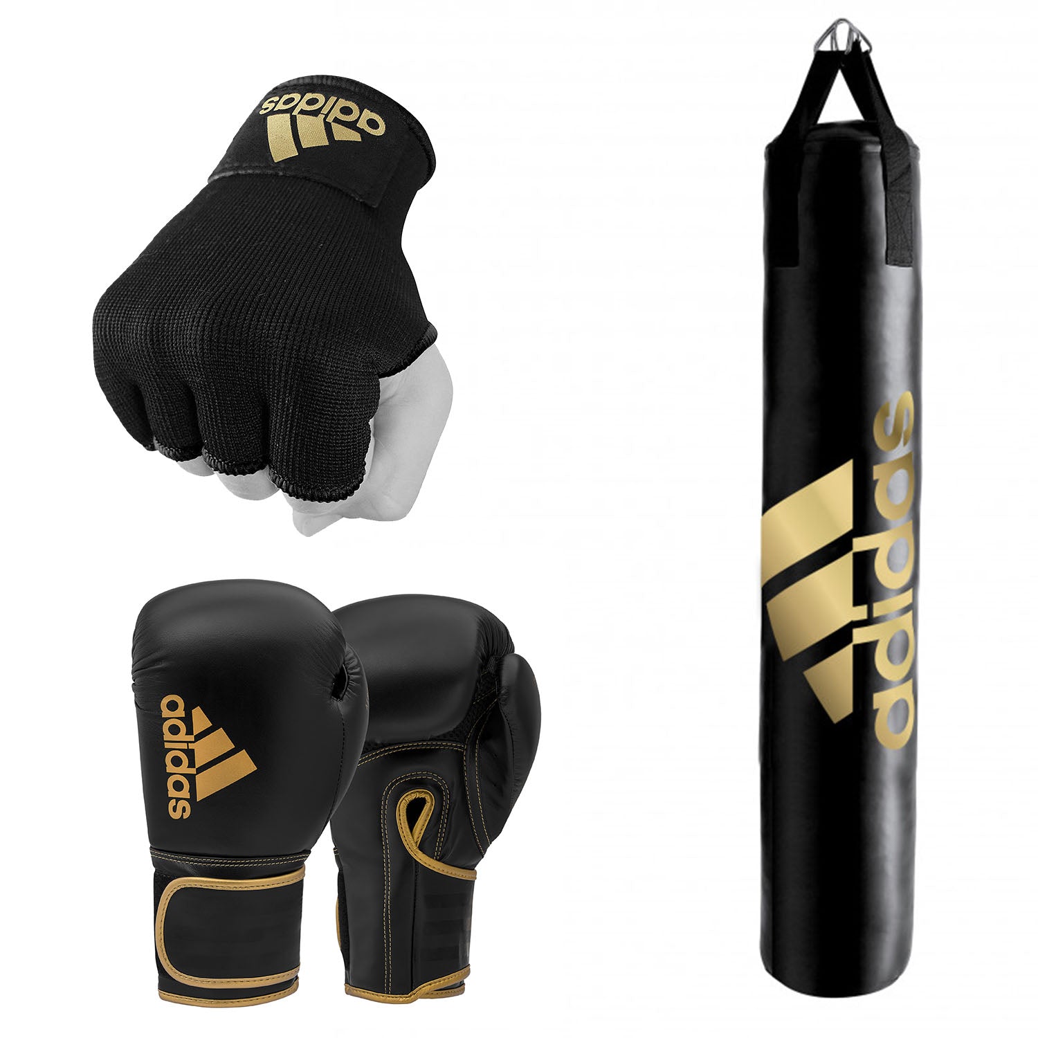 Black boxing gloves with a punching bag, part of the adidas bundle deal.