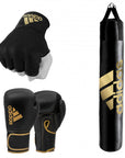 Black boxing gloves with a punching bag, part of the adidas bundle deal.