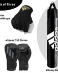 Black boxing gloves with a punching bag.