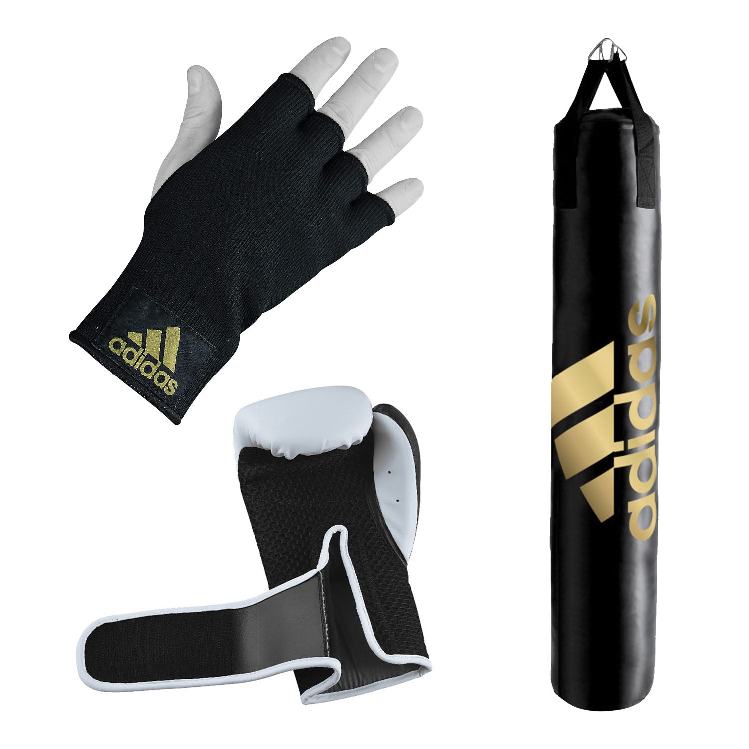 Black boxing glove and punching bag from Adidas bundle deal.