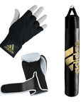 Black boxing glove and punching bag from Adidas bundle deal.