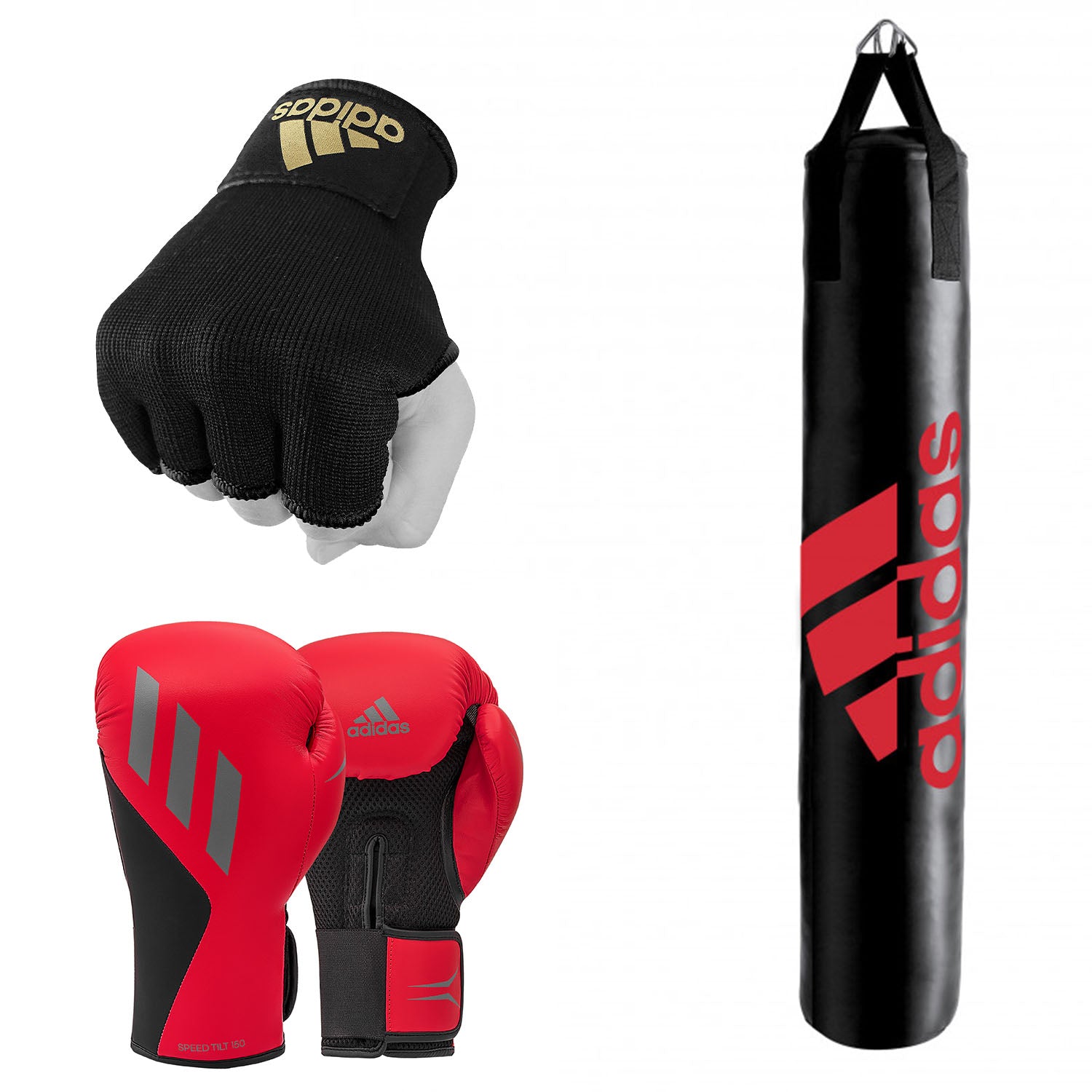 Boxing gloves and punching bag displayed together.