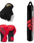 Boxing gloves and punching bag displayed together.