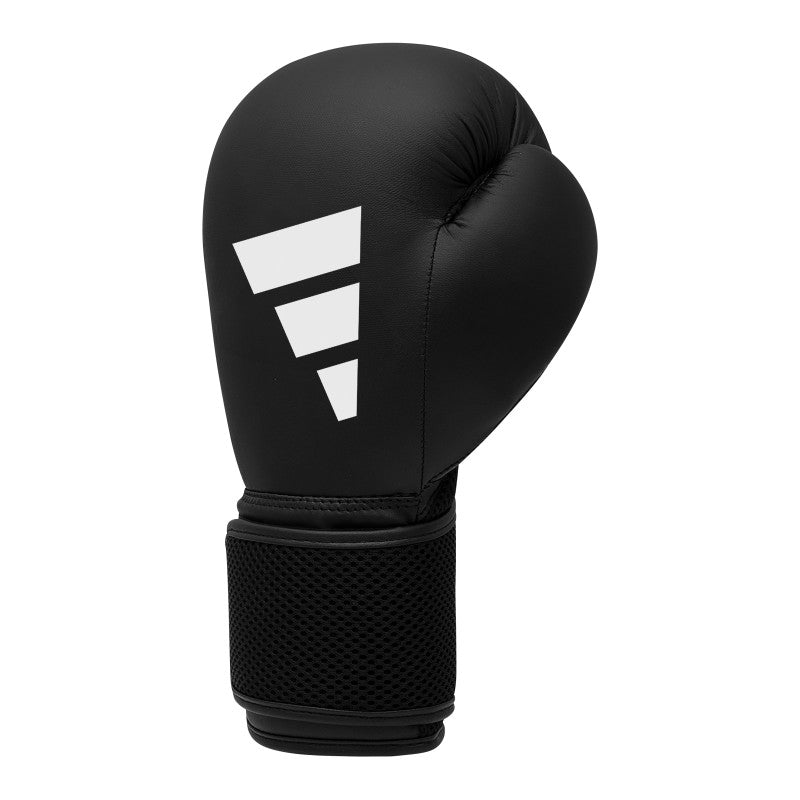 Black boxing glove with a white logo on a white background