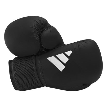 Black boxing gloves with a white logo on a white background
