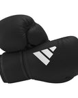 Black boxing gloves with a white logo on a white background