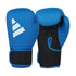 Blue boxing gloves with black accents and a logo on a white background