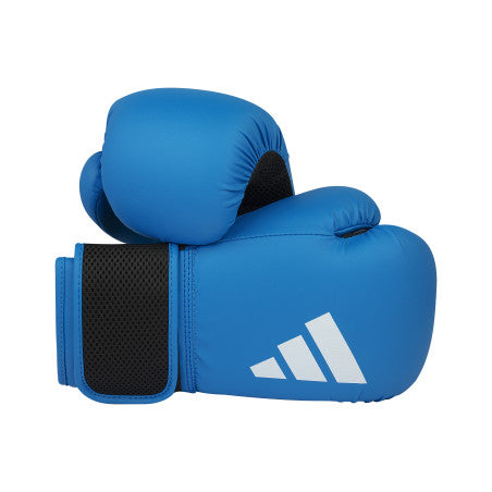 Blue boxing gloves with Adidas logo on a white background