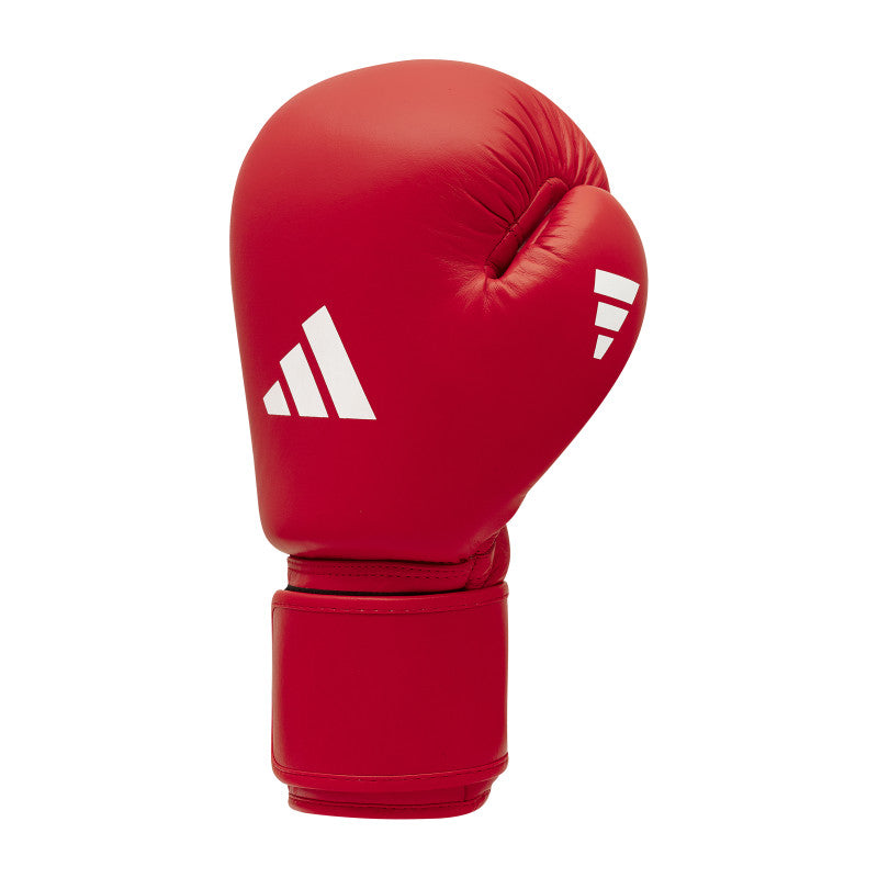 Red boxing glove with a white logo, showcasing Adidas IBA certified gloves.