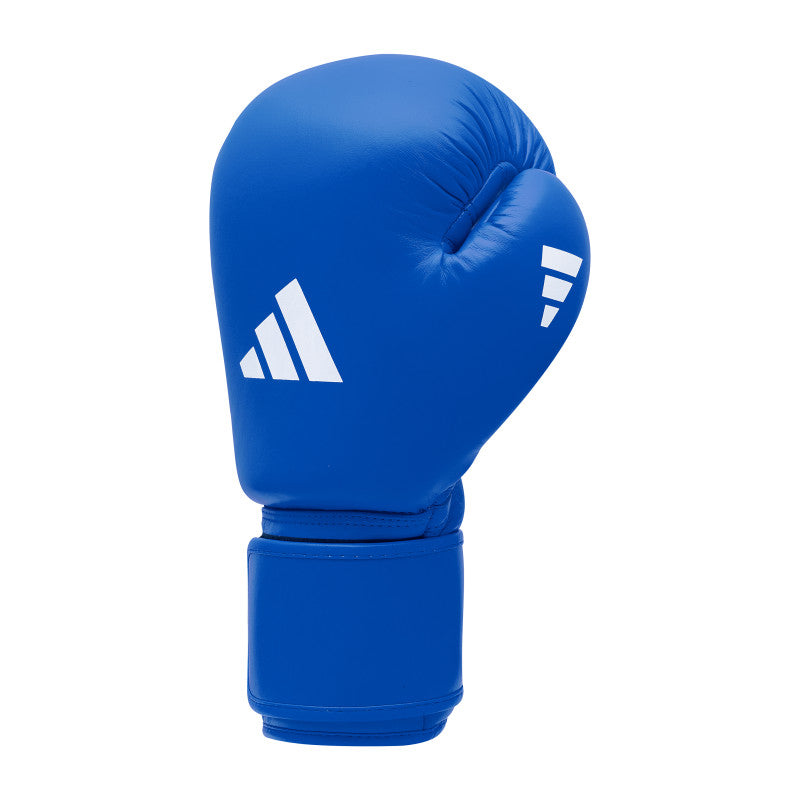 Blue boxing glove with white stripes for competition.