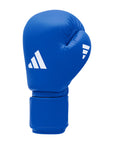 Blue boxing glove with white stripes for competition.