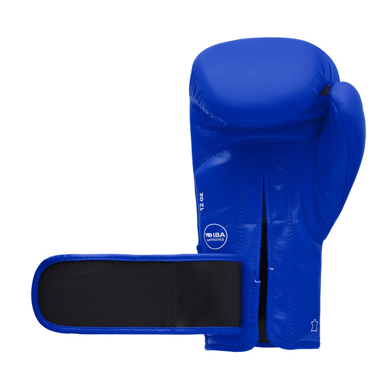 Blue boxing glove with black straps for secure fit.