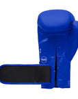 Blue boxing glove with black straps for secure fit.