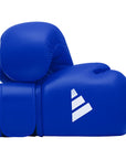 Pair of blue boxing gloves for amateur competition.