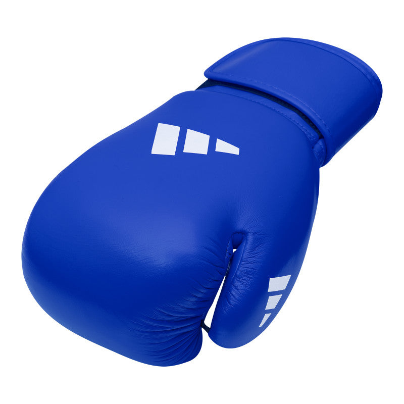 Blue boxing glove with white Adidas logo.